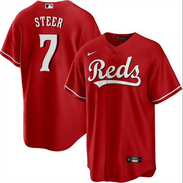 Men%27s Cincinnati Reds #7 Spencer Steer Red Cool Base Stitched Baseball Jersey Dzhi